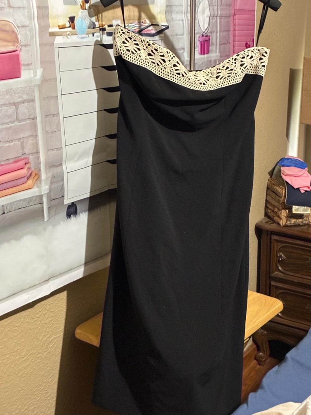 Newport News Black Strapless Dress with Cream Lace Accent